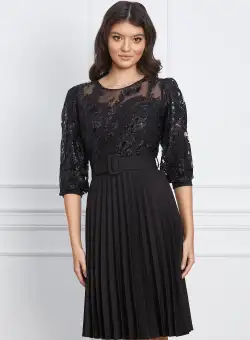 Rochie Veronica neagra cu glitter auriu la bust si curea in talie