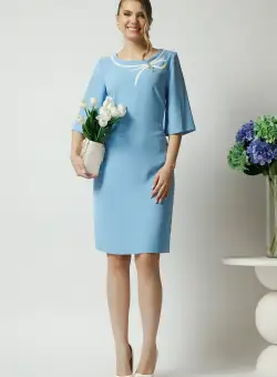 Rochie Viada din stofa bleu cu funda alba pe bust