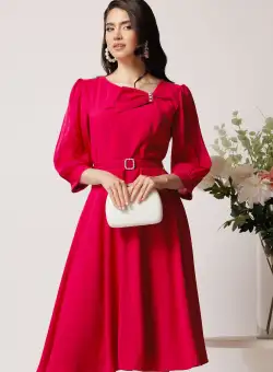 Rochie Viada din voal fucsia cu funda la bust si cordon in talie
