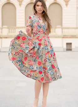 Rochiedin viscoza bej cu croi petrecut si imprimeu floral rosu