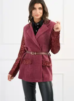 Sacou elegant din velur magenta cu maneci din paiete si curea in talie