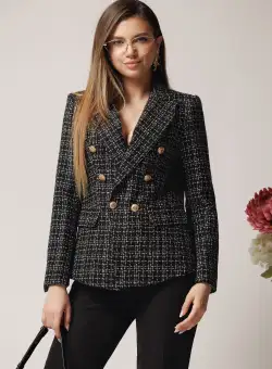 Sacou office din tweed negru cu carouri si fir lurex