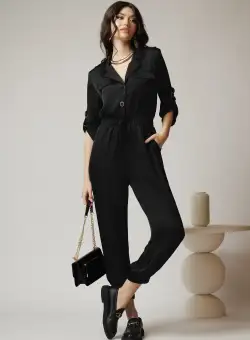 Salopeta casual din satin neagra cu nasturi la bust