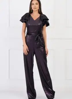 Salopeta Ella Collection Bianca din catifea cu fir lurex mov si cordon in talie