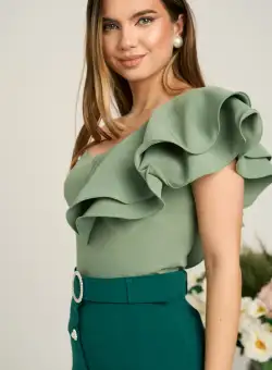 Top DY Fashion elegant din barbi verde olive cu volan maxi pe umar