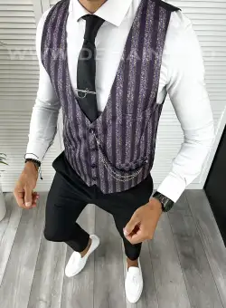 Vesta barbati eleganta slim fit mov cu imprimeu V2 141-2 E