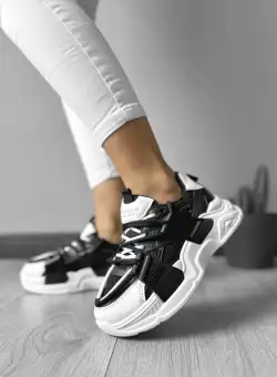 Adidasi dama casual cu talpa inalta negri cu alb CL2401 T4-1