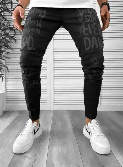 Blugi barbati conici negri cu imprimeu 1251 G4-5