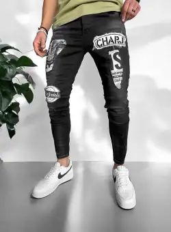 Blugi barbati conici negri cu stikere 1442 H4-3