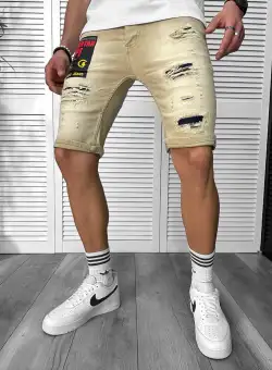 Blugi barbati scurti conici bej cu stikere 7044 H6-4