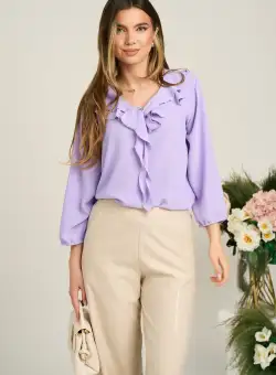 Bluza casual din viscoza lila cu volane si funda la decolteu