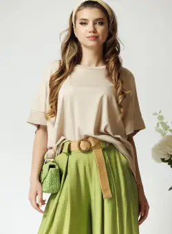 Bluza casual oversize din viscoza bej cu maneca scurta