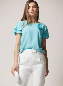 Bluza DY Fashion casual din voal bleu cu trandafir si volane la maneci