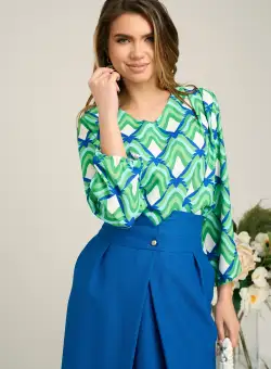 Bluza vaporoasa din viscoza verde cu imprimeuri albastre