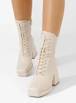 Botine cu toc gros Netina bej