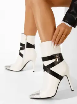 Botine cu toc subtire Linesa albe