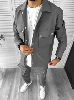 Camasa barbati slim fit gri cu sticker 6050 N8-3.1