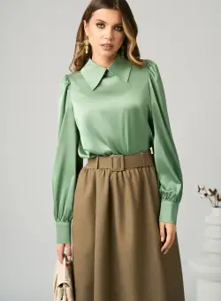 Camasa DY Fashion eleganta din satin verde fistic