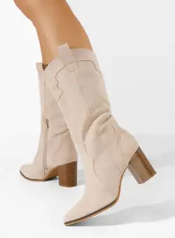 Cizme cu toc gros Gandhi bej