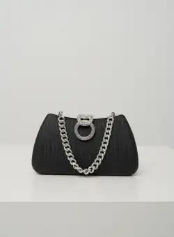 Clutch elegant din fir lurex negru cu inchidere metalica cu strasuri