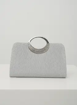 Clutch elegant din glitter argintiu cu maner rotund metalic