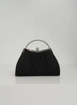 Clutch elegant din lurex negru cu maner metalic rotund