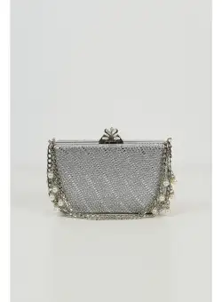 Clutch Miruna argintiu din strasuri cu inchizatoare diamant
