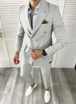 Costum barbati gri slim fit in sacou + pantaloni 11729 N8-4.2