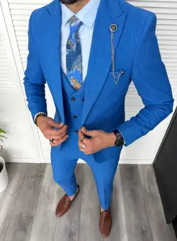 Costum barbati slim fit bej 3 albastru 11843 30-5