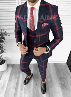 Costum barbati slim fit bleumarin in carouri B7921 92-4 Y18-3*