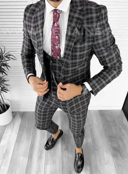Costum barbati slim fit negru in carouri B7916 Y22