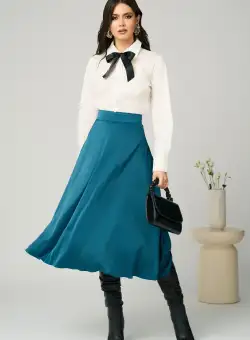 Fusta DY Fashion eleganta midi din satin turcoaz