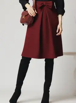 Fusta DY Fashion midi office din stofa bordo cu funda si pliu pe talie