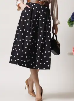 Fusta midi office din bumbac neagra cu buline si curea in talie