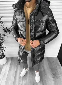 Geaca barbati de iarna lunga neagra lucioasa cu mic defect DEF548 D0-5