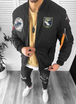 Geaca barbati de primavara cu stikere neagra 13026 57-4