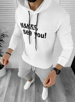 Hanorac barbati alb slim fit cu imprimeu pe spate K054 i15-2