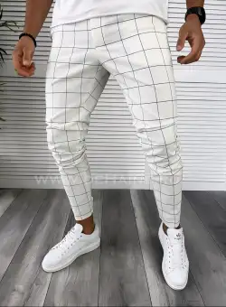 Pantaloni barbati casual albi in carouri B8005 P20-2.3