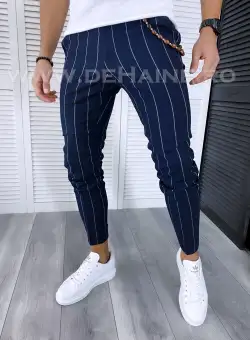 Pantaloni barbati casual regular fit bleumarin in dungi B5777 107
