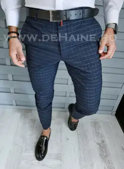 Pantaloni barbati eleganti bleumarin in carouri B1762 121-4