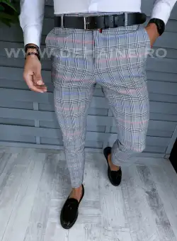 Pantaloni barbati eleganti regular fit gri in carouri B1561 B-7