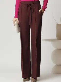 Pantaloni DY Fashion office din stofa bordo cu snur in talie
