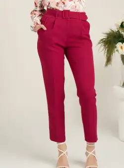 Pantaloni DY Fashion office din stofa fucsia cu buzunare si curea in talie