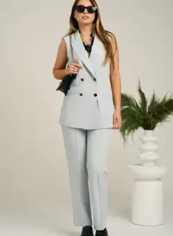 Pantaloni DY Fashion office din stofa gri cu dunga