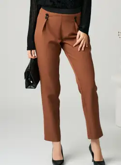 Pantaloni DY Fashion office din stofa maro si nasturi pe talie