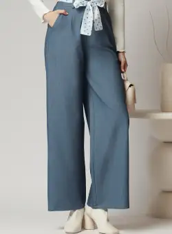 Pantaloni office din stofa albastri cu cordon in talie