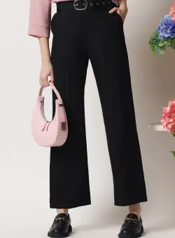 Pantaloni office din stofa negri cu dunga si curea in talie