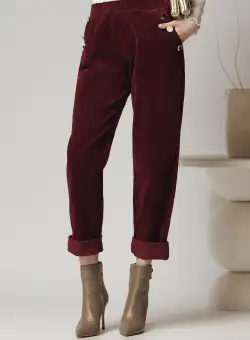 Pantaloni office din velur bordo cu nasturi la buzunare
