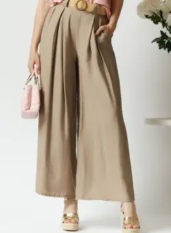 Pantaloni smart-casual din in bej cu pliuri si curea in talie