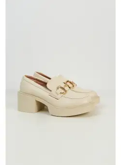 Pantofi Oxford bej cu toc gros si aplicatie metalica